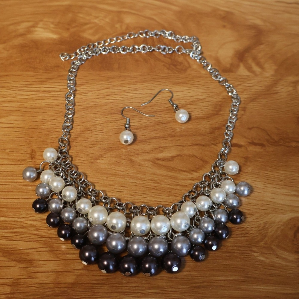 Ombre Faux Pearl Bib Necklace Earring Set Womens Grey White Black Party Office
